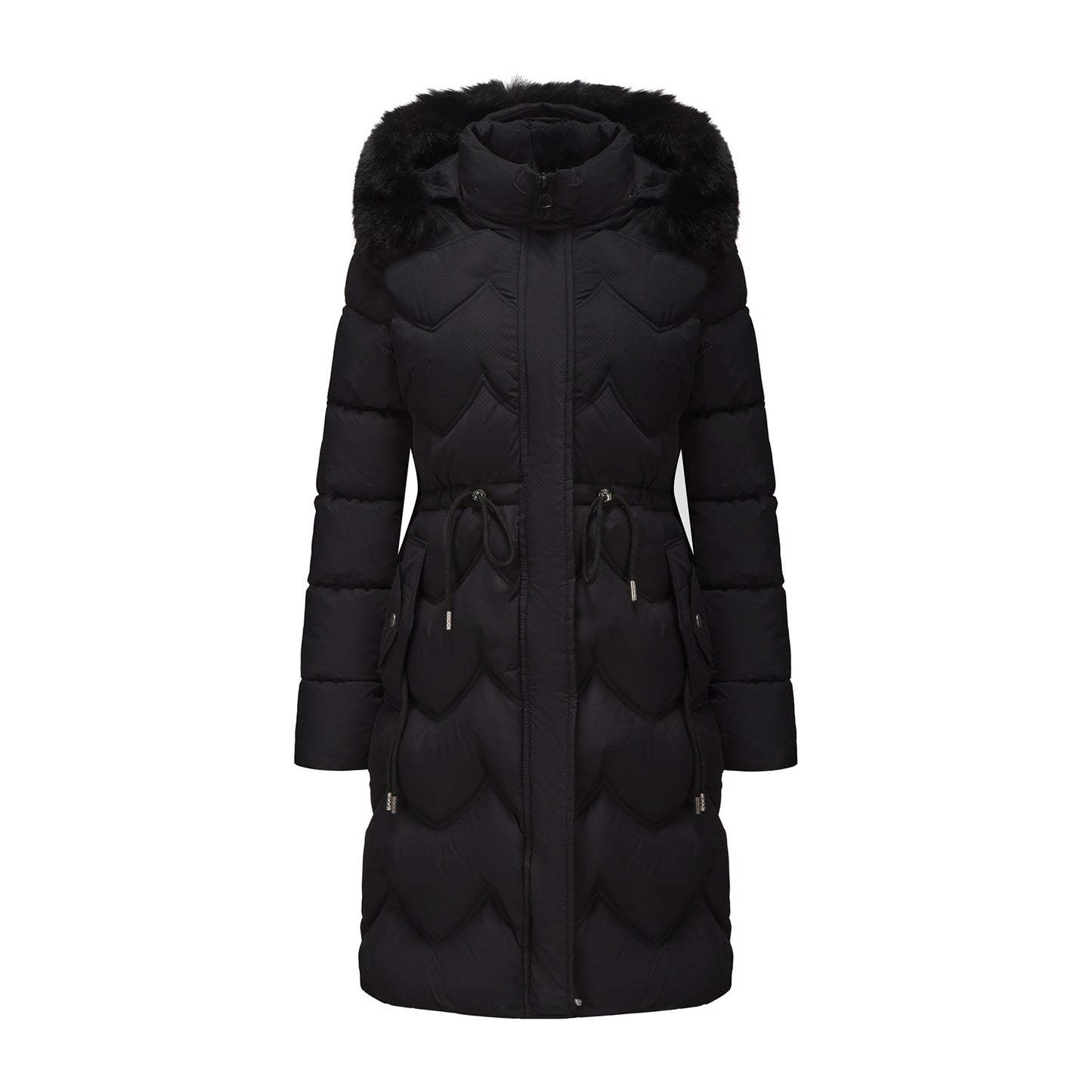 Big Fur Collar Mid-length Thickened Waist-cinching Cotton Coat