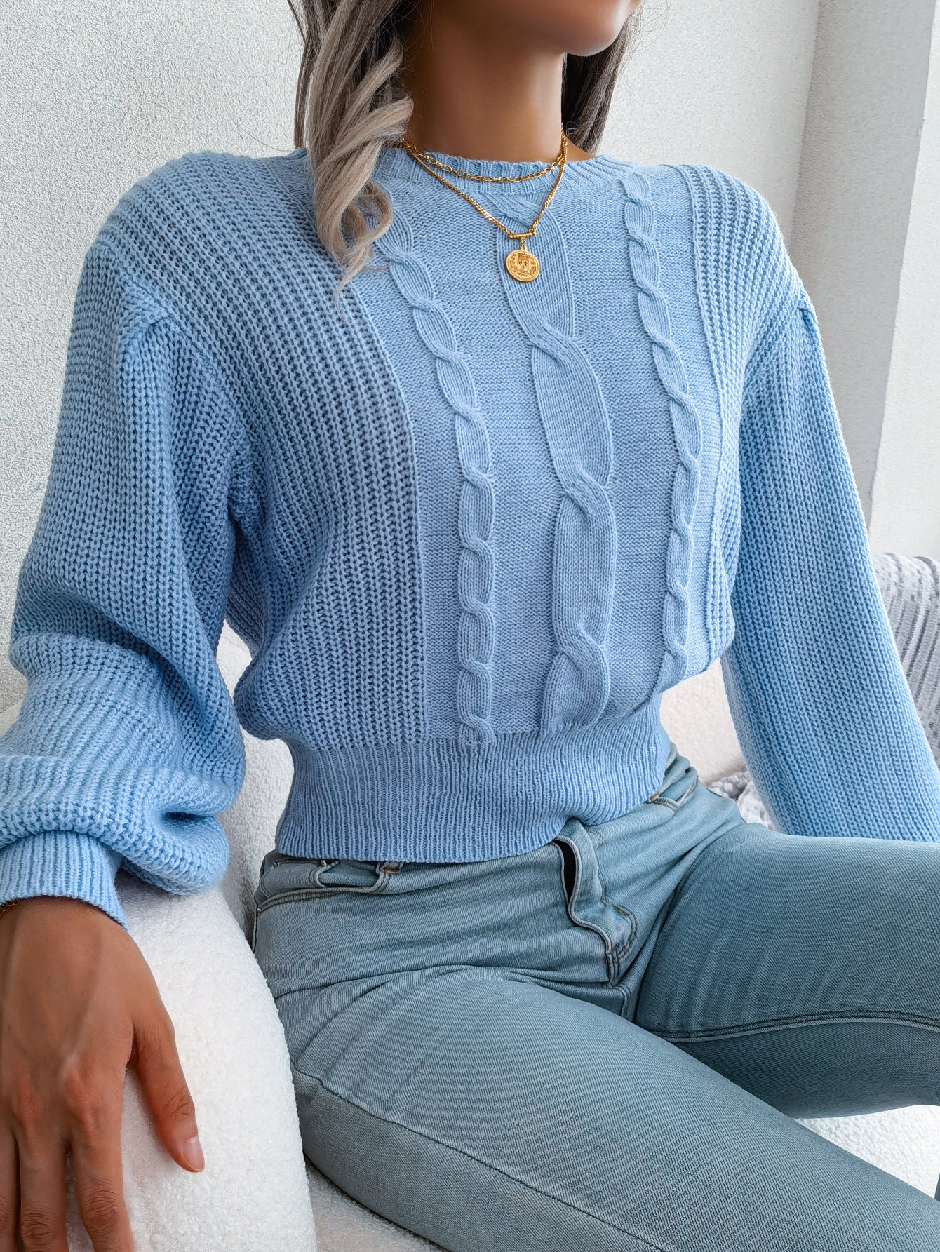 Women Casual Cable Knit Lantern Sleeve Cinched Sweater