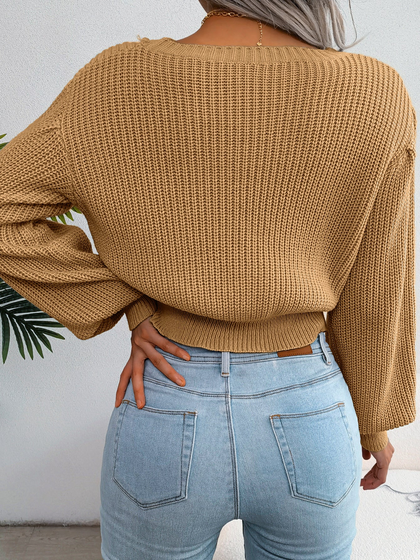 Women Casual Cable Knit Lantern Sleeve Cinched Sweater